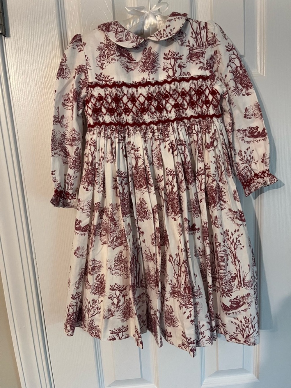 Smocked Peter Pan Collar Kids Dress in Burgundy and White